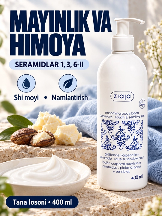 Sezgir teri uchun seramidlar va shi moyi qo‘shilgan Ziaja tana losyoni, 400 ml