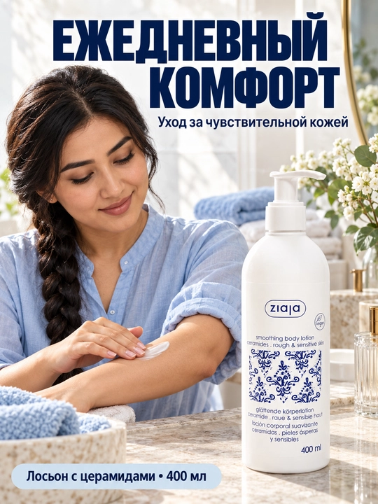 Sezgir teri uchun seramidlar va shi moyi qo‘shilgan Ziaja tana losyoni, 400 ml
