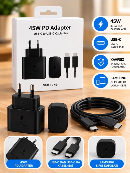 Tezkor zaryadlash adapteri 45W, USB-C, 5A kabel bilan, qora - 