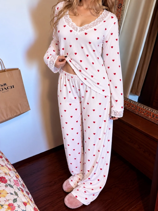 Ayollar uchun yurakchali viskoza pijama, uzun yengli to‘plam, L–XXXL