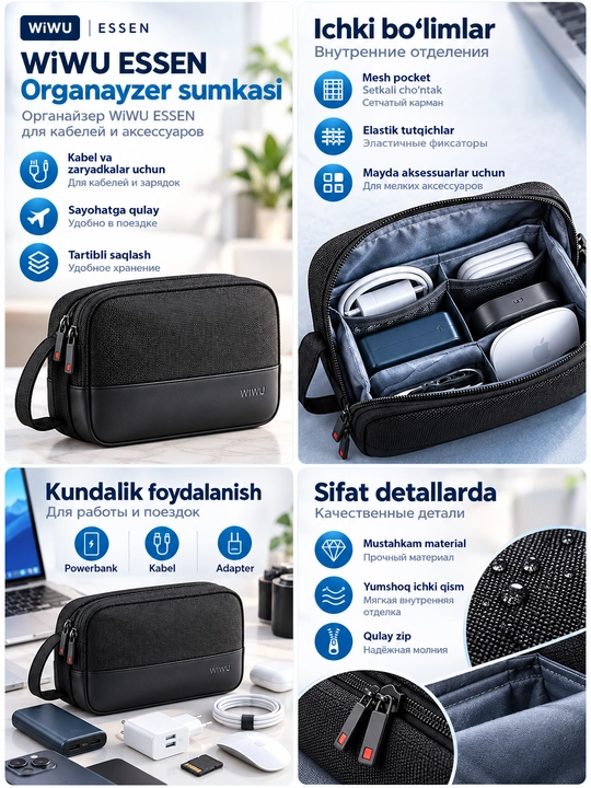 Органайзер WiWU Essen Travel Pouch для кабелей, зарядок и гаджетов, чёрный