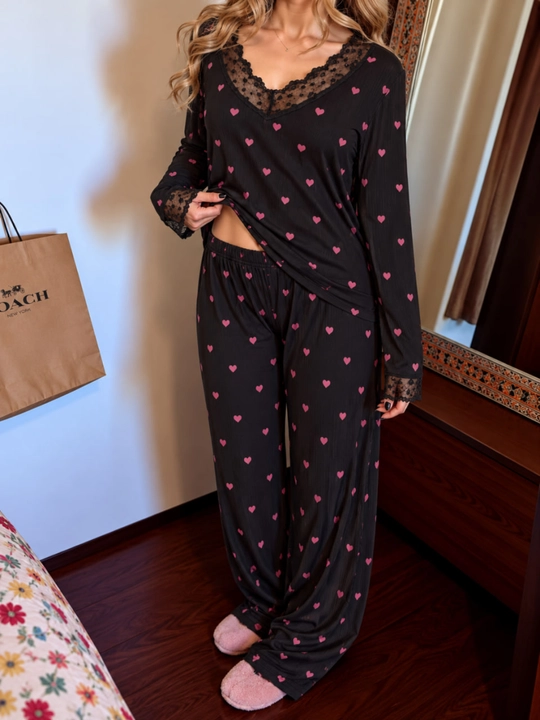 Ayollar uchun yurakchali viskoza pijama, uzun yengli to‘plam, L–XXXL
