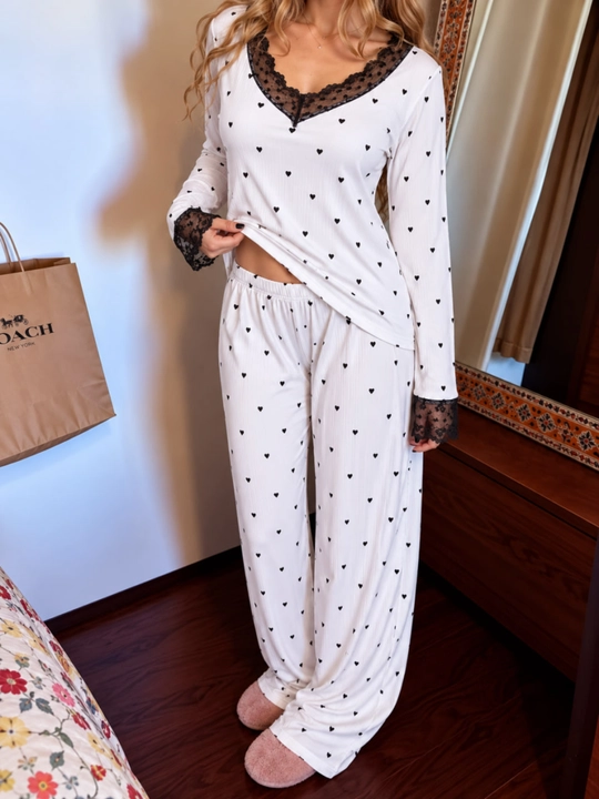Ayollar uchun yurakchali viskoza pijama, uzun yengli to‘plam, L–XXXL