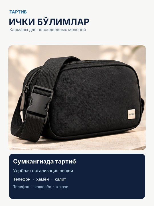 Сумка через плечо WiWU LULU Crossbody, нейлон, чёрная, 21×13,5×5,5 см
