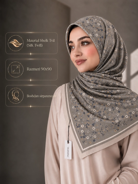 Silk Twill 90×90 ro‘mol, Hijob romol, sirpanmaydigan, platok rumol,havo o'tkazadigan sharf - 
