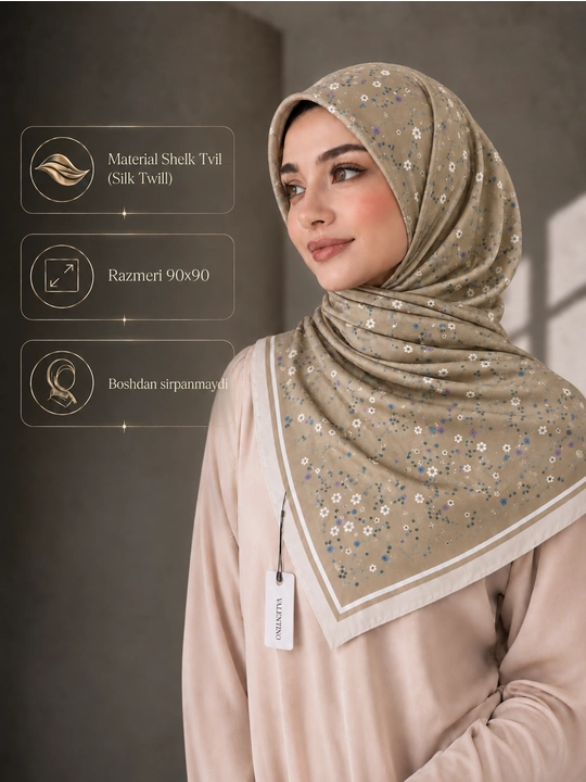 Silk Twill 90×90 ro‘mol, Hijob romol, sirpanmaydigan, platok rumol,havo o'tkazadigan sharf - 