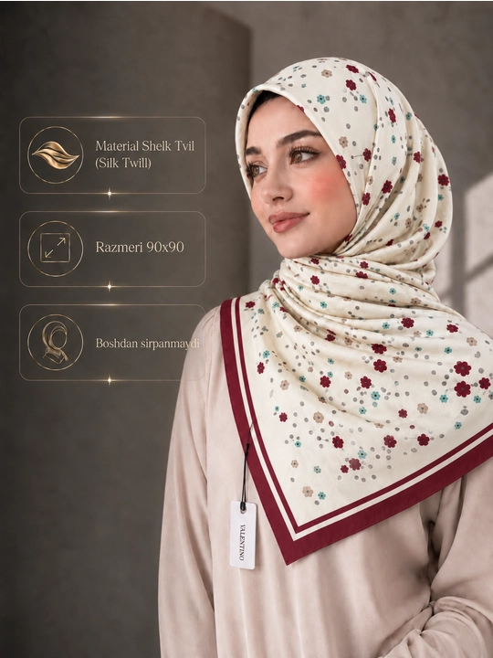 Silk Twill 90×90 ro‘mol, Hijob romol, sirpanmaydigan, platok rumol,havo o'tkazadigan sharf - 