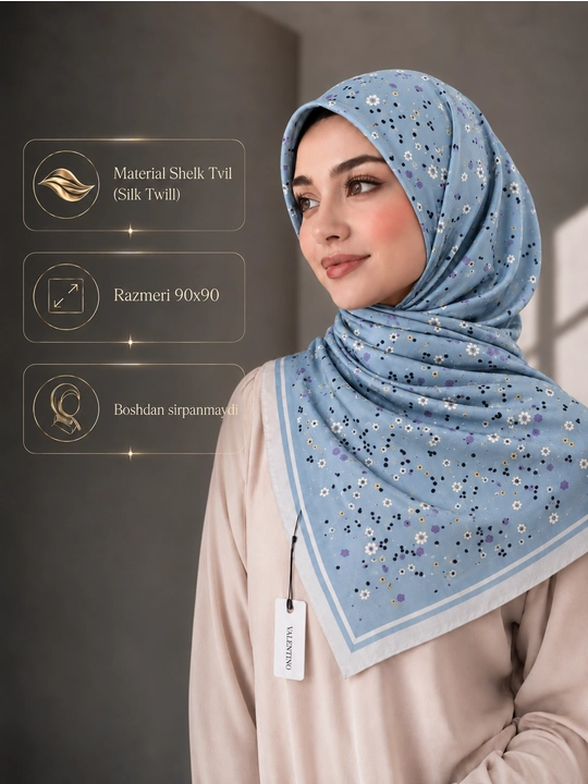 Silk Twill 90×90 ro‘mol, Hijob romol, sirpanmaydigan, platok rumol,havo o'tkazadigan sharf - 