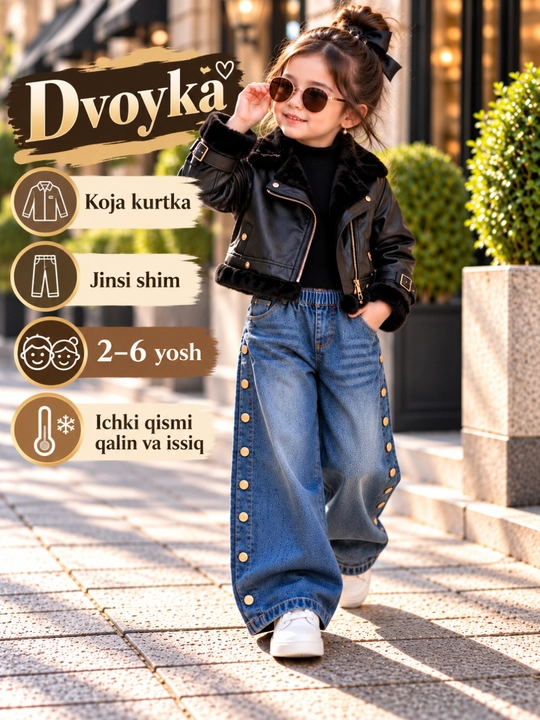 Комплект для девочки 2–6 лет: куртка под кожу с тёплой подкладкой и джинсы