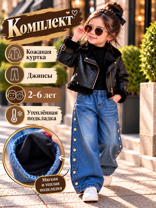 Комплект для девочки 2–6 лет: куртка под кожу с тёплой подкладкой и джинсы - 
