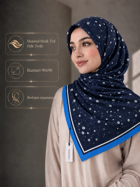 Silk Twill 90×90 ro‘mol, Hijob romol, sirpanmaydigan, platok rumol,havo o'tkazadigan sharf - 
