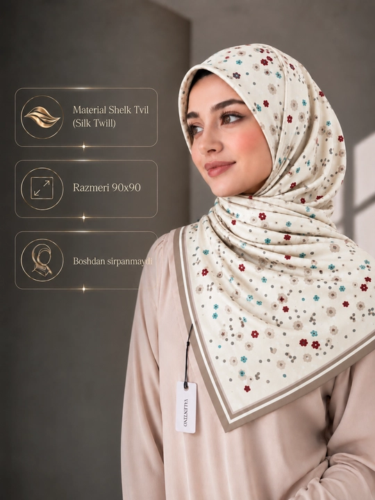 Silk Twill 90×90 ro‘mol, Hijob romol, sirpanmaydigan, platok rumol,havo o'tkazadigan sharf - 
