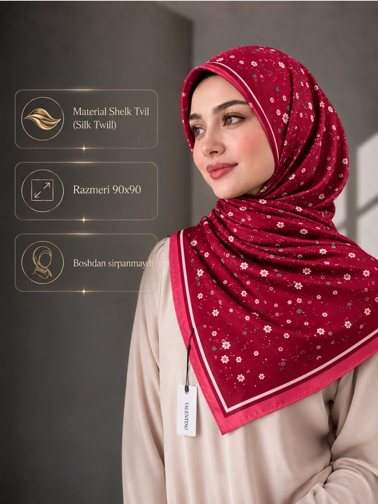 Silk Twill 90×90 ro‘mol, Hijob romol, sirpanmaydigan, platok rumol,havo o'tkazadigan sharf - 