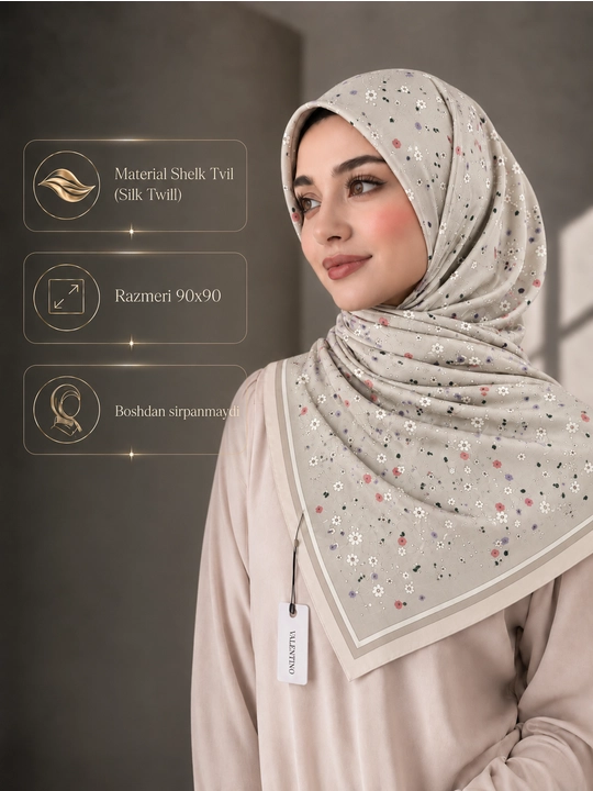 Silk Twill 90×90 ro‘mol, Hijob romol, sirpanmaydigan, platok rumol,havo o'tkazadigan sharf - 
