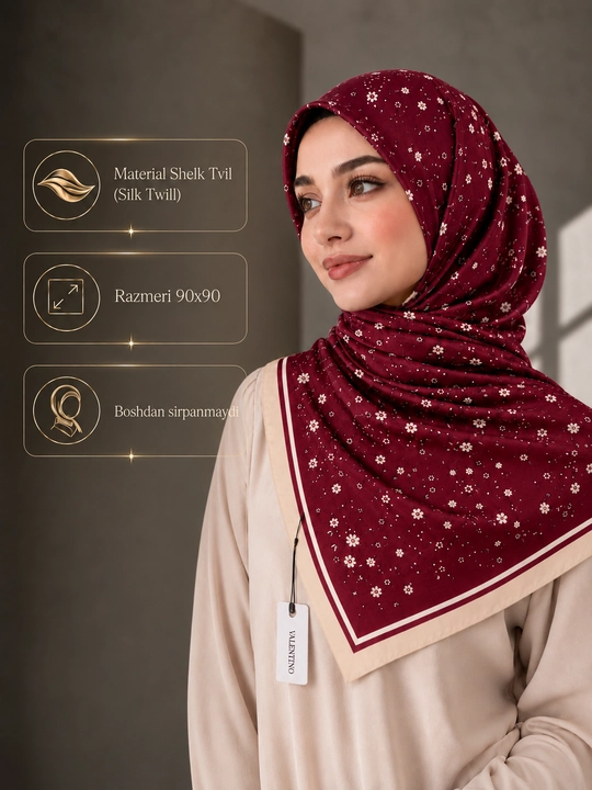 Silk Twill 90×90 ro‘mol, Hijob romol, sirpanmaydigan, platok rumol,havo o'tkazadigan sharf - 