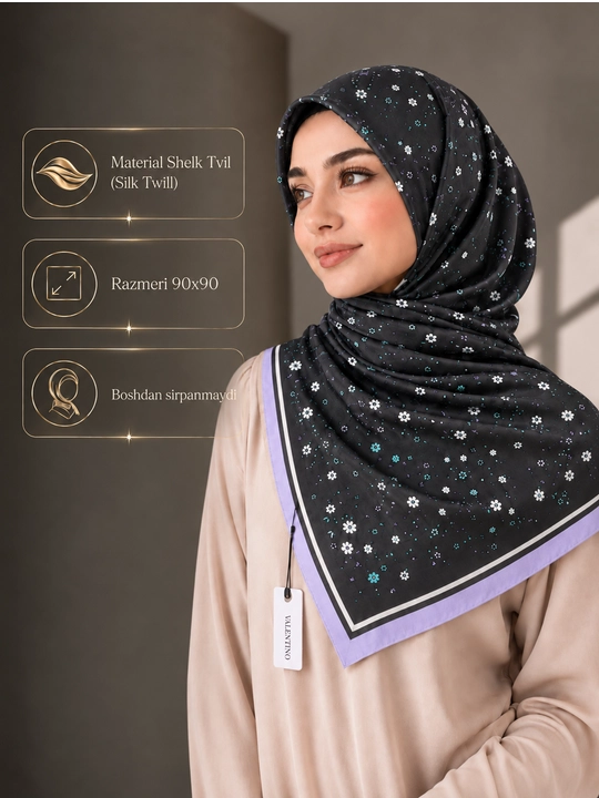 Silk Twill 90×90 ro‘mol, Hijob romol, sirpanmaydigan, platok rumol,havo o'tkazadigan sharf - 