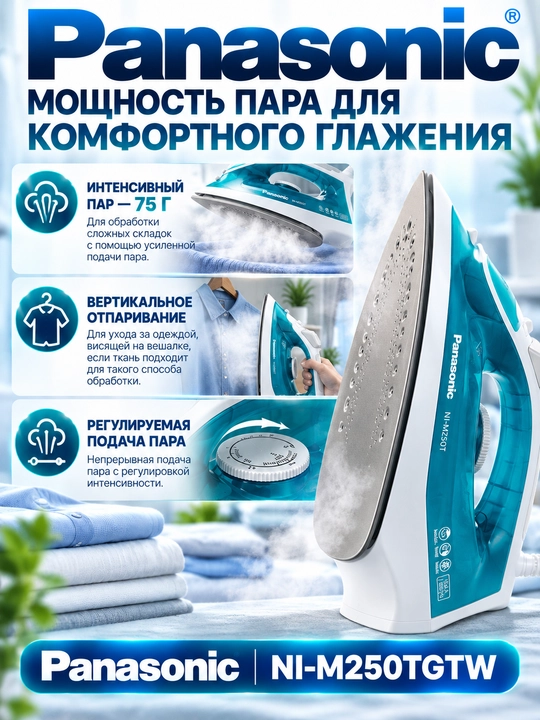 Panasonic NI-M250TGTW dazmoli, 1550 Vt, titan qoplamali taglik, 75 g bug‘ zarbasi, yashil