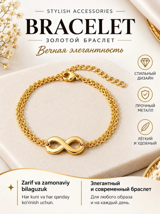 Ayollar bilaguzugi, oltin rangli, zamonaviy, munchoqlar va kristallar bilan bezatilgan