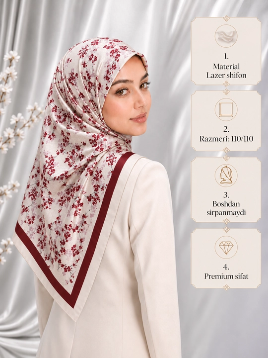 110×110 o‘lchamli lazer shifon ro‘molcha, gul bosilgan, sirpanmaydigan - 