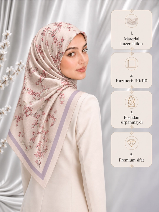 110×110 o‘lchamli lazer shifon ro‘molcha, gul bosilgan, sirpanmaydigan - 
