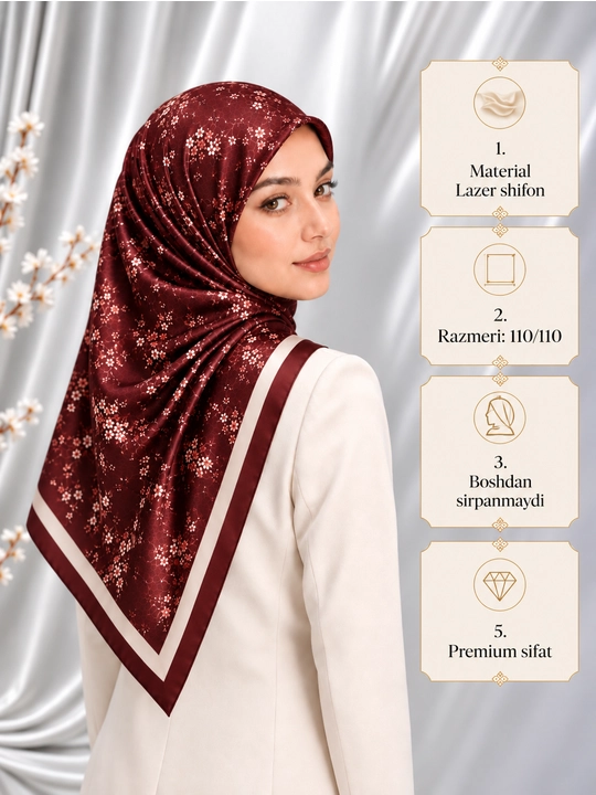 110×110 o‘lchamli lazer shifon ro‘molcha, gul bosilgan, sirpanmaydigan - 