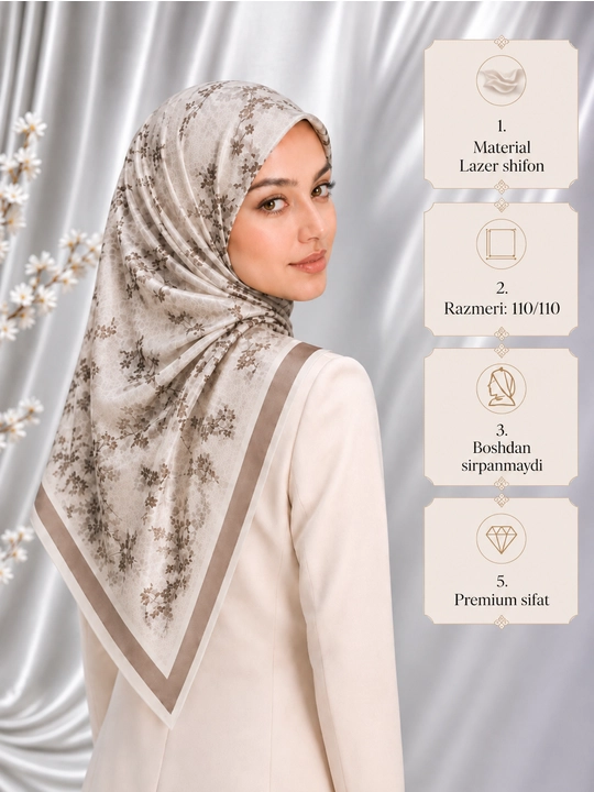 110×110 o‘lchamli lazer shifon ro‘molcha, gul bosilgan, sirpanmaydigan - 