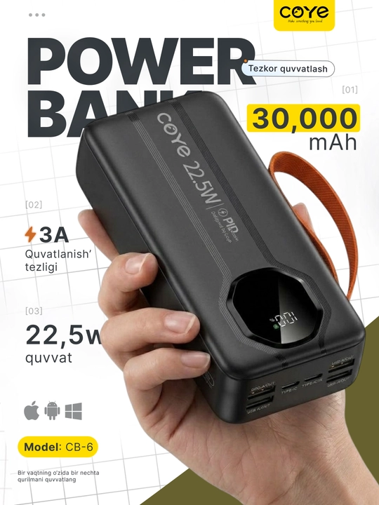 Внешний аккумулятор Power Bank 20000–30000 мАч, 22.5W, быстрая зарядка,2 встроенных кабеля - 