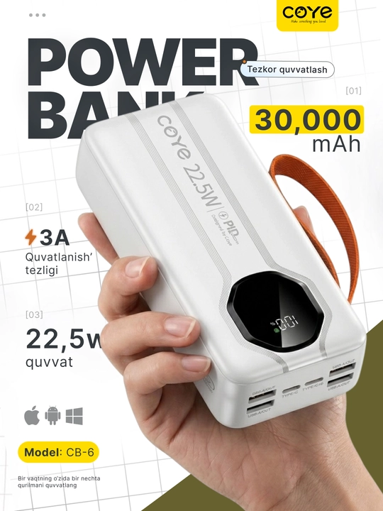 Внешний аккумулятор Power Bank 20000–30000 мАч, 22.5W, быстрая зарядка,2 встроенных кабеля - 