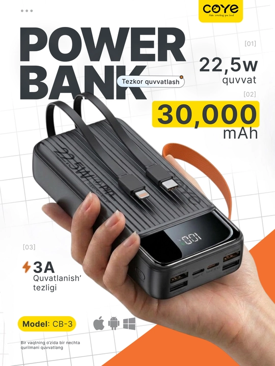 Tashqi akkumulyator Power Bank 20000–30000 mAh, 22.5W, 2 ta ichki kabel bilan - 
