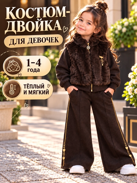 Тёплый костюм-двойка для девочки 1–4 лет, кофта на молнии с меховой отделкой широкие брюки - 