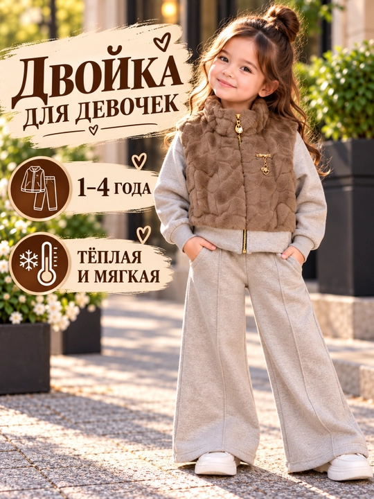 Тёплый костюм-двойка для девочки 1–4 лет, кофта на молнии с меховой отделкой широкие брюки - 