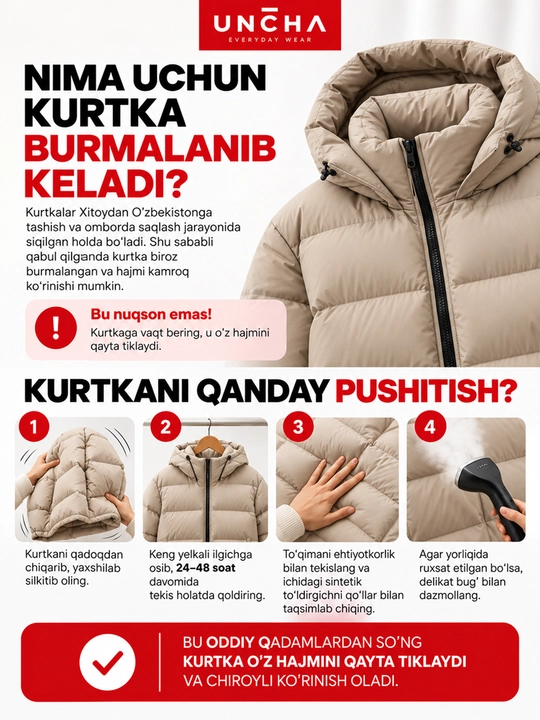 Kapyushonli, belbog‘li yoki tortmali issiqlashtirilgan ayollar kurtkasi