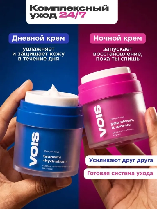 VOIS Кремы для лица: увлажняющий от акне, ночной, ниацинамидом, Q10, антивозрастной, 50 мл