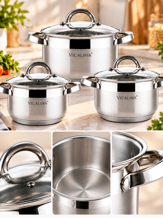 Набор кастрюль VICALINA VL-285 из нержавеющей стали с крышками, 3 шт