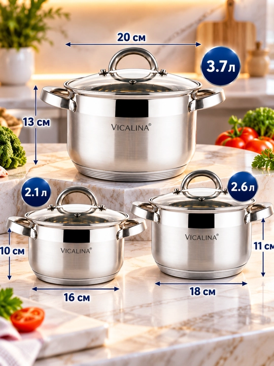 Набор кастрюль VICALINA VL-285 из нержавеющей стали с крышками, 3 шт