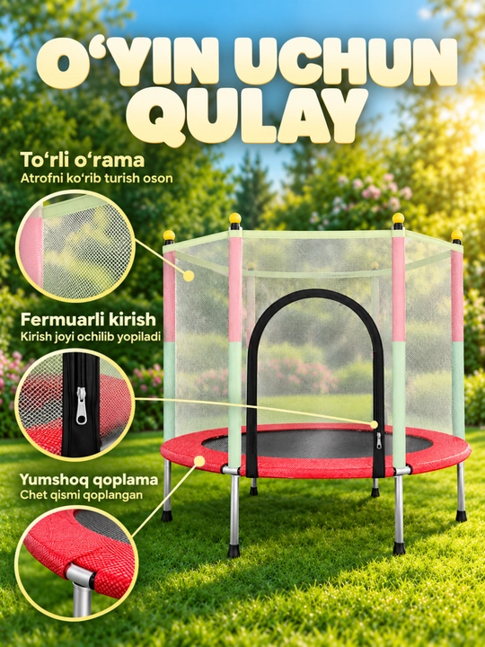 Bolalar uchun batutlar himoya to‘rli uy va hovli uchun, 1,4 m / 1,5 m
