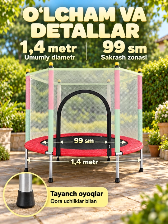 Bolalar uchun batutlar himoya to‘rli uy va hovli uchun, 1,4 m / 1,5 m