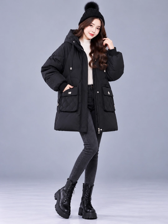 Kurtka ayollar uchun, oversize, qalin kapishoni bilan still koreyskiy kuz va qish uchun