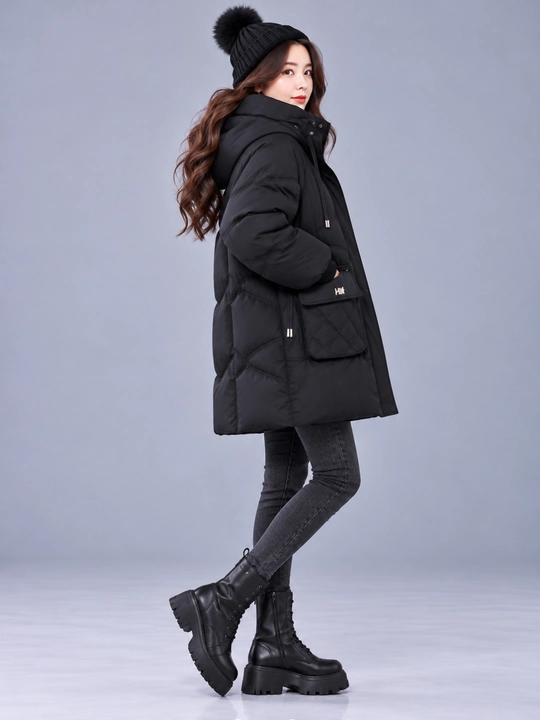 Kurtka ayollar uchun, oversize, qalin kapishoni bilan still koreyskiy kuz va qish uchun