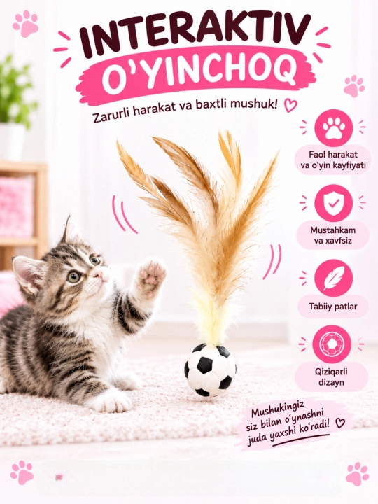 Mushuklar va mushukchalar uchun o'yinchoq, tabiiy patlardan tikilgan qarmoq o'yinchoq - 