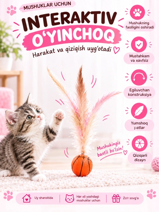 Mushuklar va mushukchalar uchun o'yinchoq, tabiiy patlardan tikilgan qarmoq o'yinchoq - 