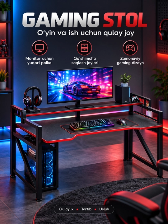 Kompyuter stoli geymerlar uchun, monitor tokchali, ish va o‘yin uchun keng stol