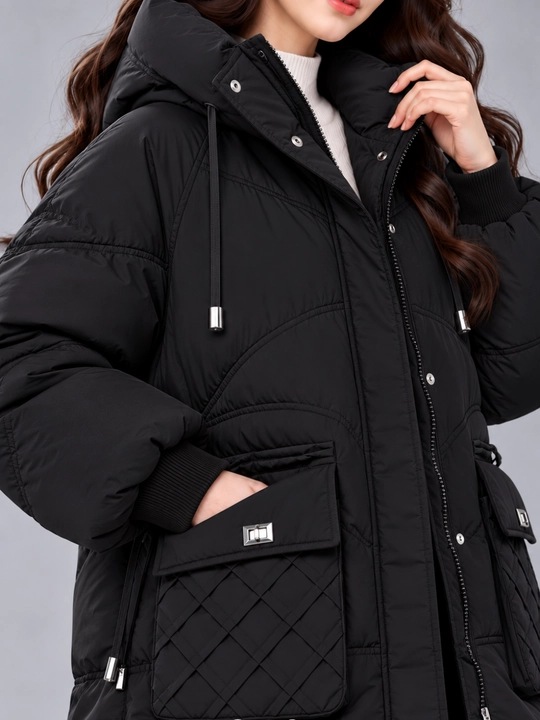Kurtka ayollar uchun, oversize, qalin kapishoni bilan still koreyskiy kuz va qish uchun