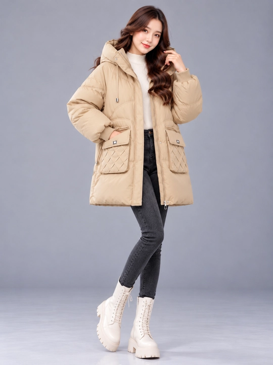 Kurtka ayollar uchun, oversize, qalin kapishoni bilan still koreyskiy kuz va qish uchun