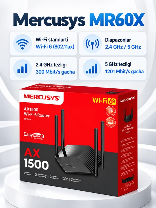 Mercusys MR60X ikki diapazonlik Wi-Fi router 6-avlod AX1500 (uztelecom GPON ga tushmaydi) - 
