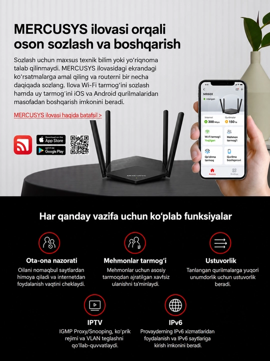 Mercusys MR60X ikki diapazonlik Wi-Fi router 6-avlod AX1500 (uztelecom GPON ga tushmaydi)