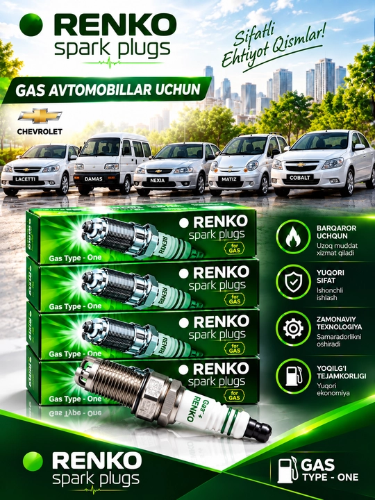 RENKO svecha, gaz uchun svecha, spark plug, LACETTI,MATIZ,DAMAS,SPARK,COBALT,NEXIA1-2-3 - 