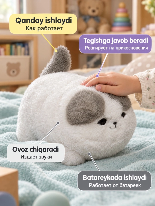 Интерактивная мягкая игрушка кошка для детей 3+, плюшевый котик со звуком