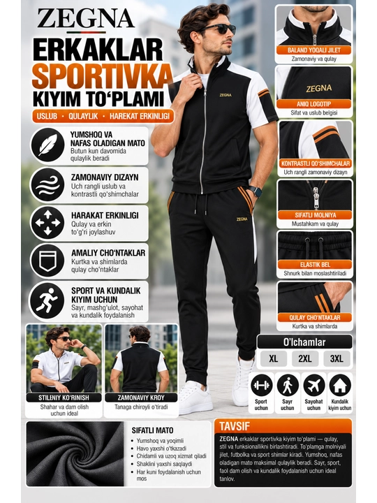 Zamonaviy kiyim to‘plami, kalta yengli, erkaklar uchun, Zegna uslubida