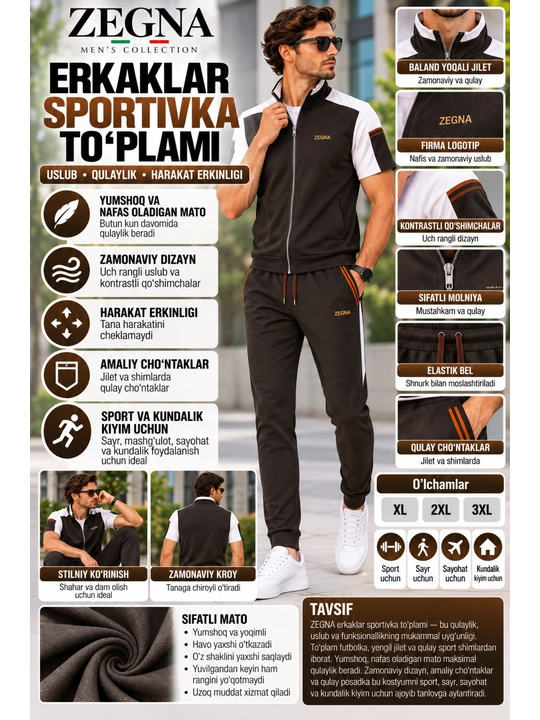 Zamonaviy kiyim to‘plami, kalta yengli, erkaklar uchun, Zegna uslubida